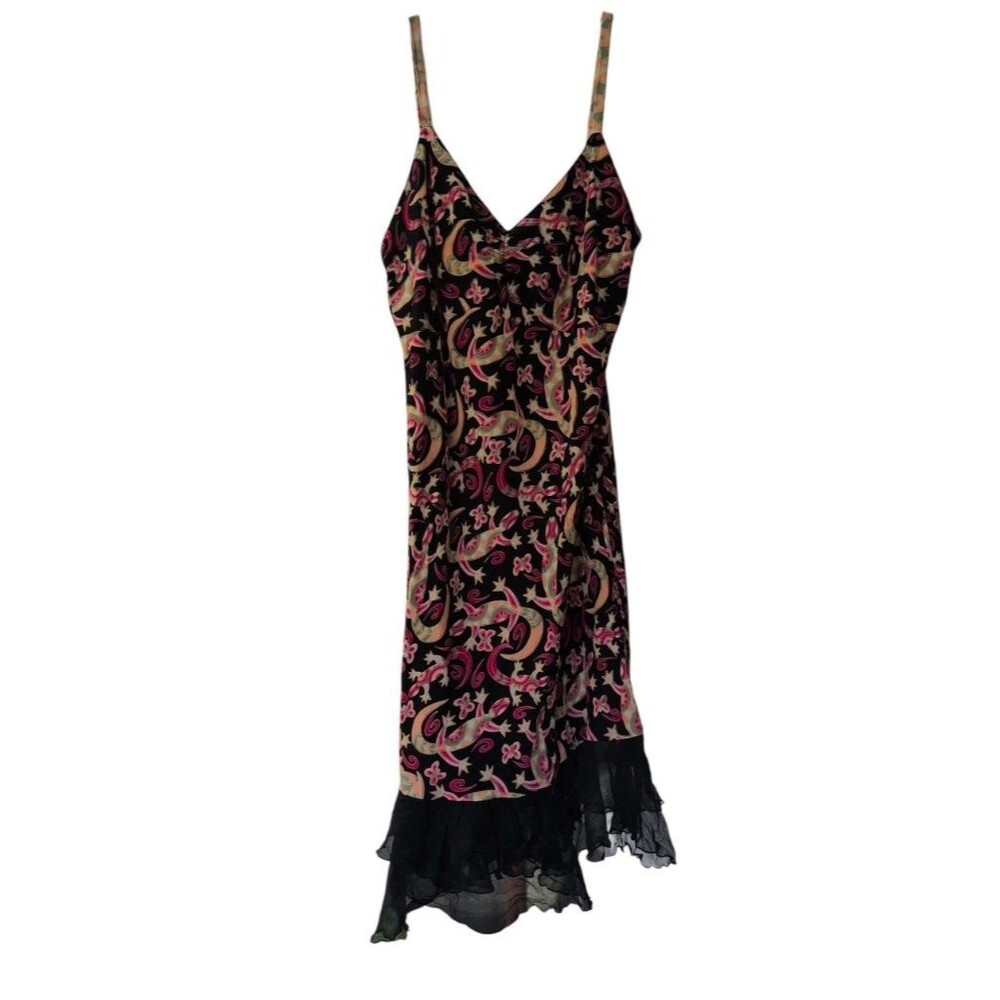 Rainbow Jo Womens M Gecko Lizard Print Spaghetti Strap Midi Dress Chiffon Hem